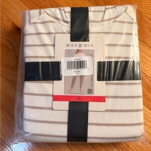 Women Strip Waffle Knit Lounge set- Brown / White